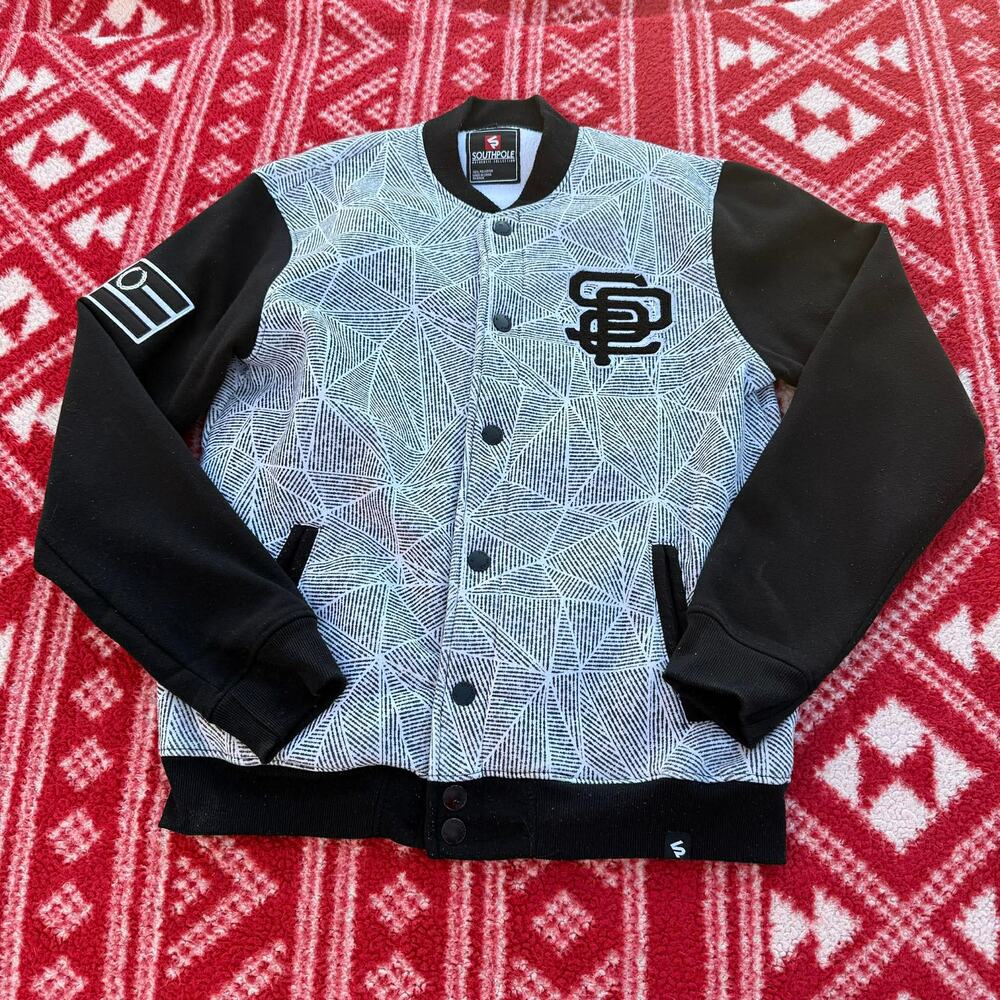 Southpole Varsity Bomber Jacket Men's XL Black Gray Geometric Print Black